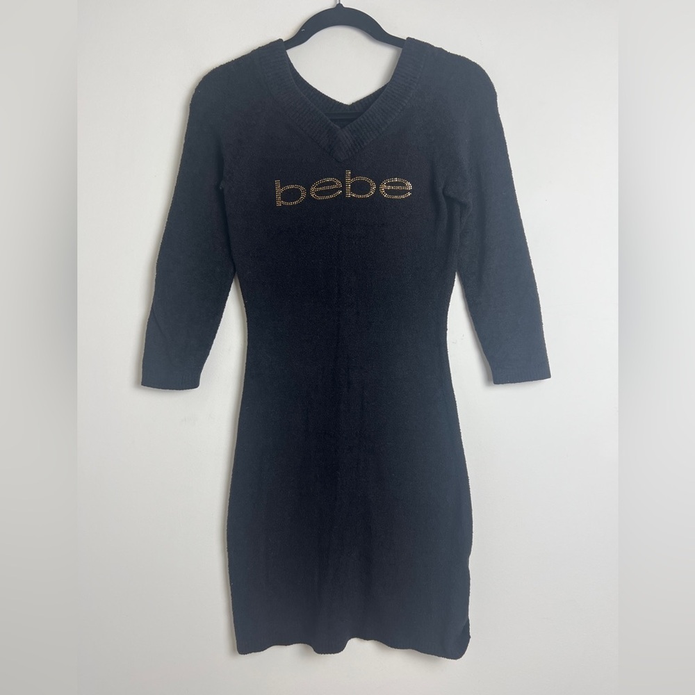BEBE Small Y2K Black Gold Rhinestone Spell‎ Out V-Neck 3/4 Sleeve Sweater Dress